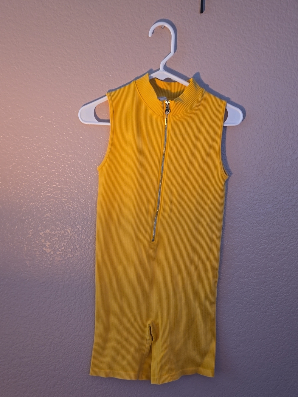 SHEIN Bright Yellow Ribbed Front-Zip Kids One-Piece